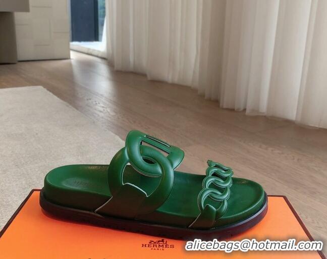 Grade Quality Hermes Extra Chain Flat Slide Sandals in Calfskin Leather Deep Green 815025