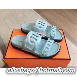 Low Cost Hermes Extra Chain Flat Slide Sandals in Calfskin Leather Light Blue 815026