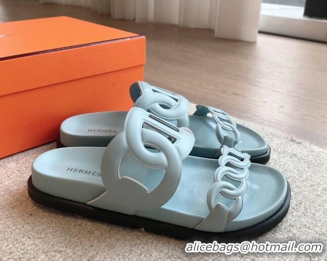 Low Cost Hermes Extra Chain Flat Slide Sandals in Calfskin Leather Light Blue 815026