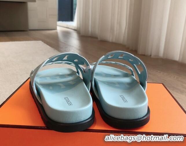 Low Cost Hermes Extra Chain Flat Slide Sandals in Calfskin Leather Light Blue 815026