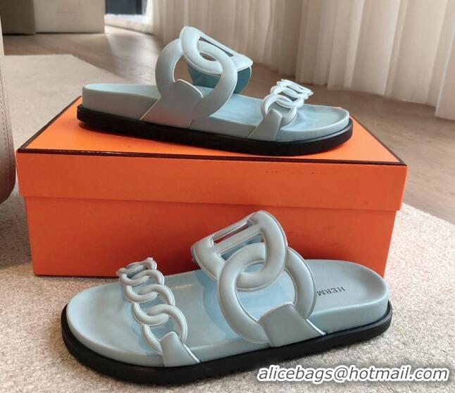 Low Cost Hermes Extra Chain Flat Slide Sandals in Calfskin Leather Light Blue 815026