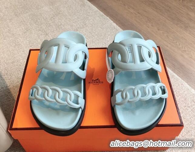 Low Cost Hermes Extra Chain Flat Slide Sandals in Calfskin Leather Light Blue 815026