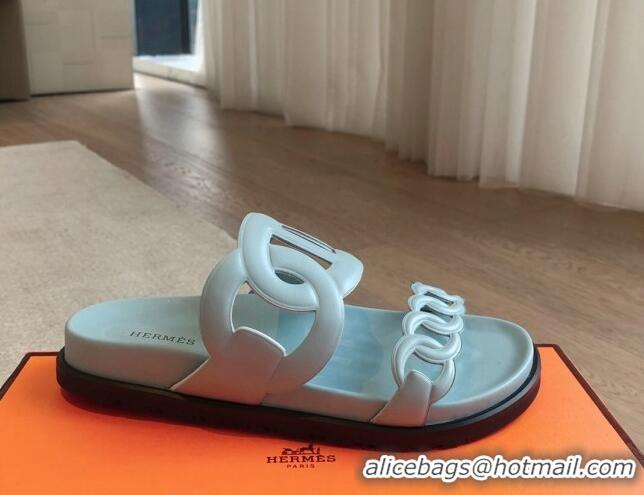 Low Cost Hermes Extra Chain Flat Slide Sandals in Calfskin Leather Light Blue 815026