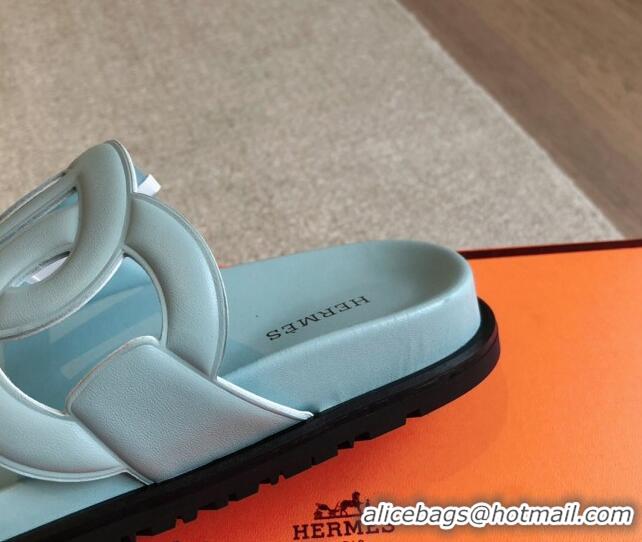 Low Cost Hermes Extra Chain Flat Slide Sandals in Calfskin Leather Light Blue 815026