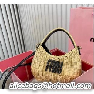 Famous Brand Miu Miu Wander wicker handbag 5BC125 Beige/Black 2024