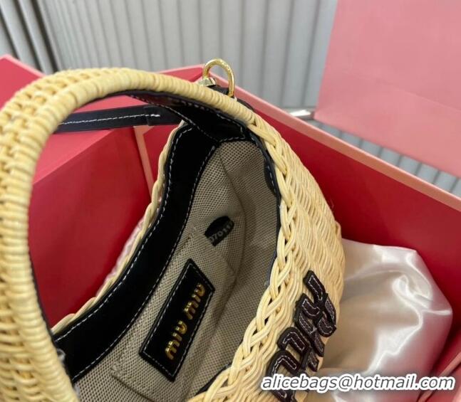 Famous Brand Miu Miu Wander wicker handbag 5BC125 Beige/Black 2024