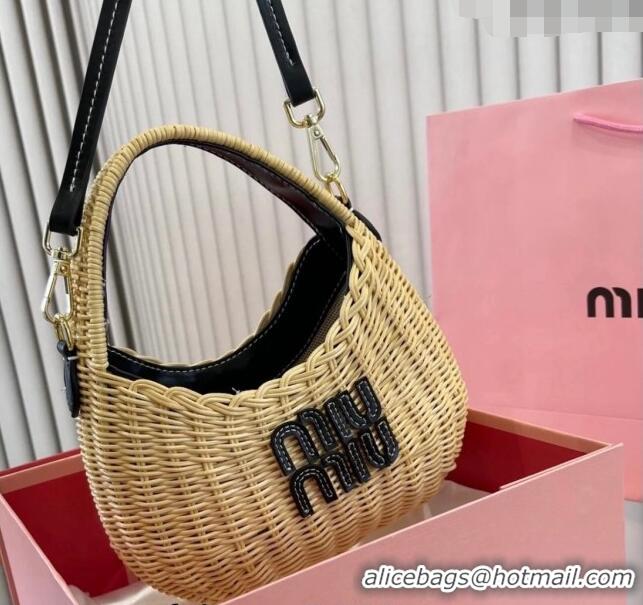 Famous Brand Miu Miu Wander wicker handbag 5BC125 Beige/Black 2024