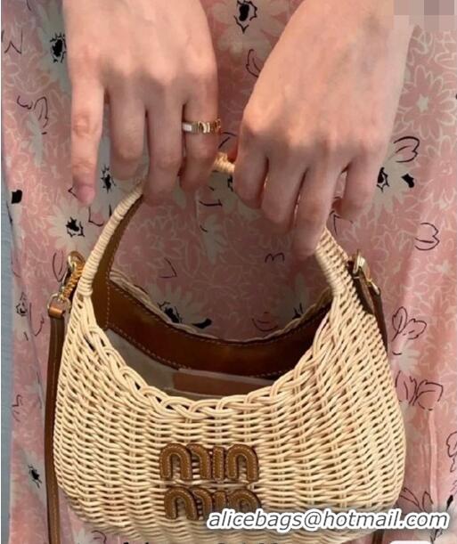 Famous Brand Miu Miu Wander wicker handbag 5BC125 Beige/Brown 2024