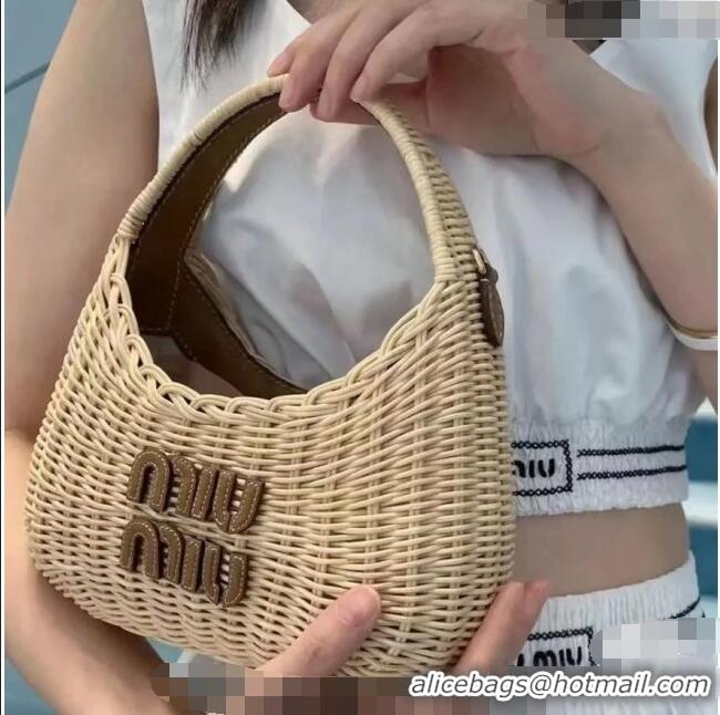 Famous Brand Miu Miu Wander wicker handbag 5BC125 Beige/Brown 2024