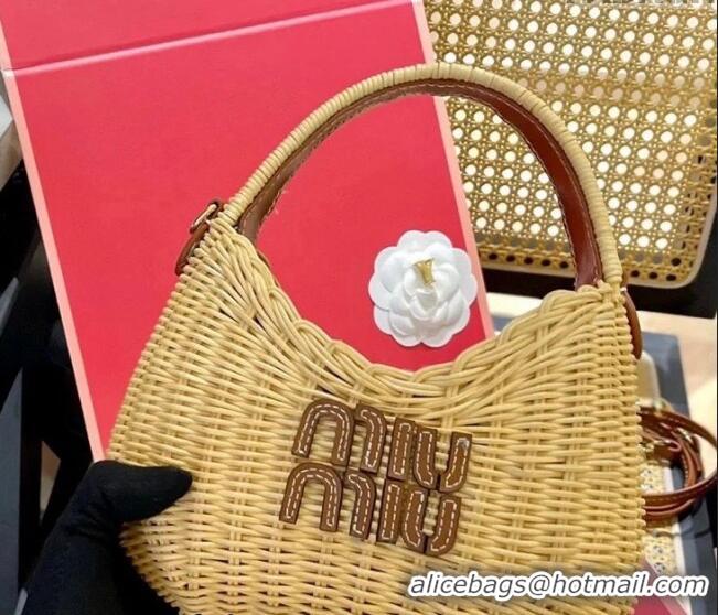 Famous Brand Miu Miu Wander wicker handbag 5BC125 Beige/Brown 2024