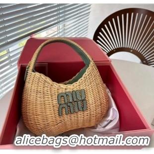 Luxurious Miu Miu Wander wicker handbag 5BC125 Beige/Green 2024