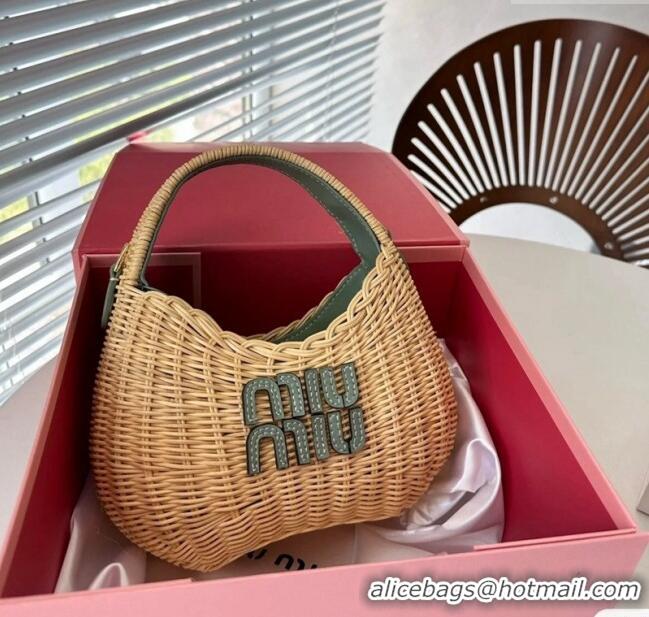 Luxurious Miu Miu Wander wicker handbag 5BC125 Beige/Green 2024