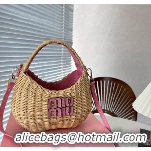 Low Price Miu Miu Wander wicker handbag 5BC125 Beige/Pink 2023