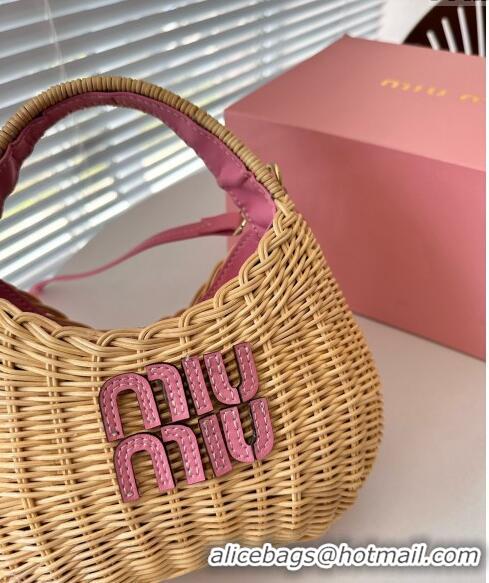 Low Price Miu Miu Wander wicker handbag 5BC125 Beige/Pink 2023