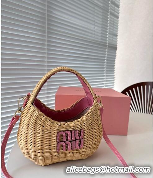 Low Price Miu Miu Wander wicker handbag 5BC125 Beige/Pink 2023