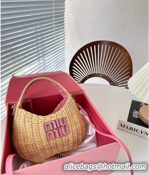 Low Price Miu Miu Wander wicker handbag 5BC125 Beige/Pink 2023