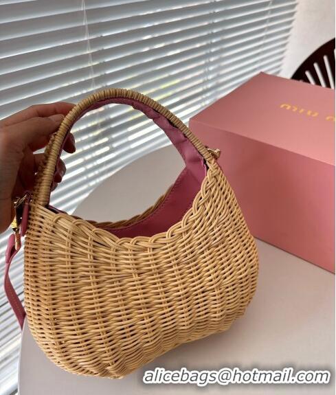 Low Price Miu Miu Wander wicker handbag 5BC125 Beige/Pink 2023