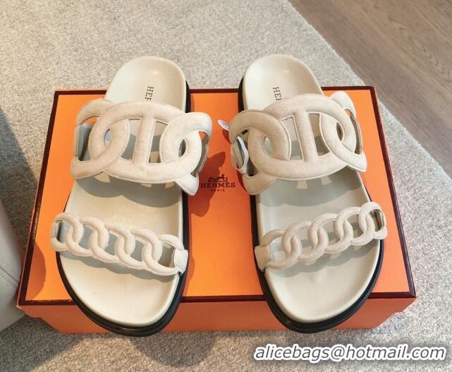 Best Grade Hermes Extra Chain Flat Slide Sandals in Suede Pale Grey 815027