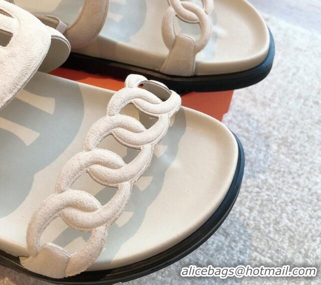 Best Grade Hermes Extra Chain Flat Slide Sandals in Suede Pale Grey 815027