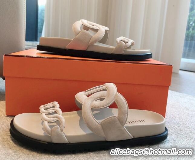 Best Grade Hermes Extra Chain Flat Slide Sandals in Suede Pale Grey 815027