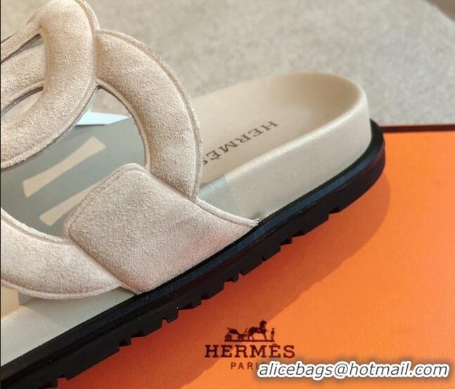 Best Grade Hermes Extra Chain Flat Slide Sandals in Suede Pale Grey 815027