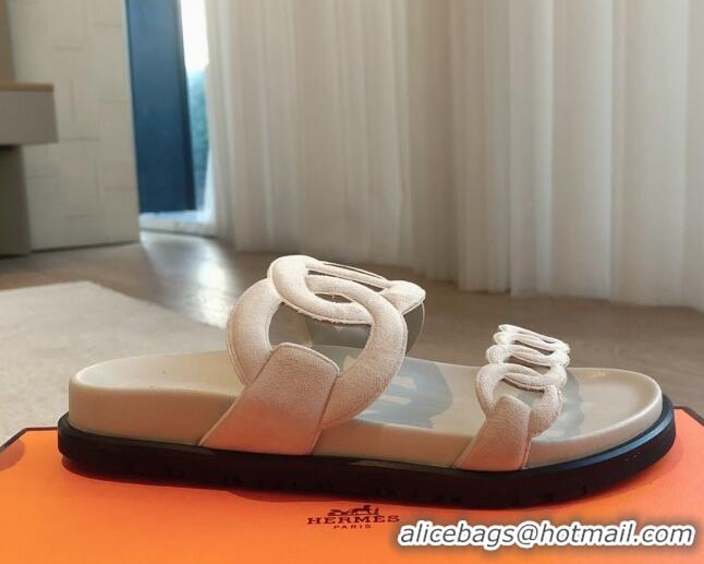 Best Grade Hermes Extra Chain Flat Slide Sandals in Suede Pale Grey 815027