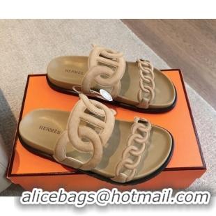 Luxurious Hermes Extra Chain Flat Slide Sandals in Suede Light Brown 815028