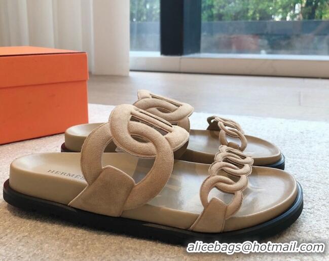 Luxurious Hermes Extra Chain Flat Slide Sandals in Suede Light Brown 815028