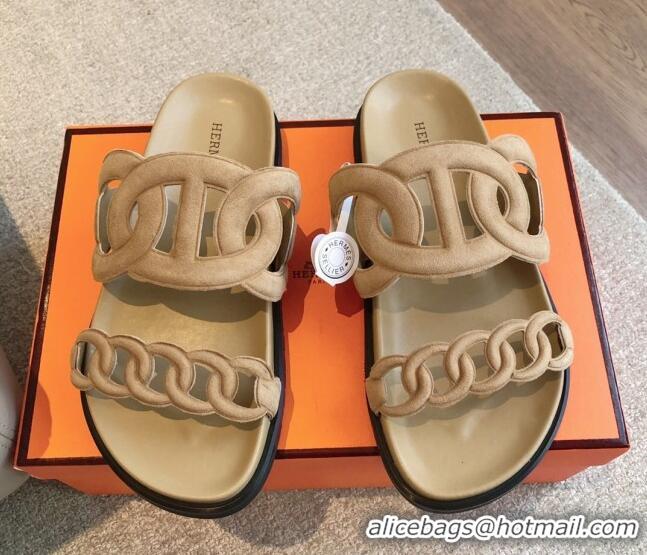 Luxurious Hermes Extra Chain Flat Slide Sandals in Suede Light Brown 815028