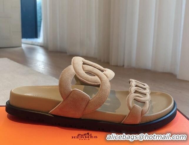 Luxurious Hermes Extra Chain Flat Slide Sandals in Suede Light Brown 815028