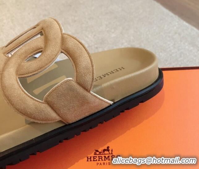 Luxurious Hermes Extra Chain Flat Slide Sandals in Suede Light Brown 815028