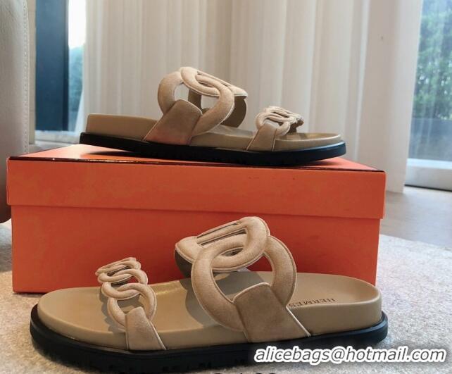 Luxurious Hermes Extra Chain Flat Slide Sandals in Suede Light Brown 815028