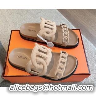 Top Grade Hermes Extra Chain Flat Slide Sandals in Suede Dark Beige 815029