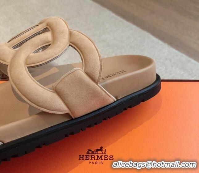 Top Grade Hermes Extra Chain Flat Slide Sandals in Suede Dark Beige 815029