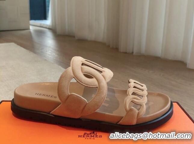 Top Grade Hermes Extra Chain Flat Slide Sandals in Suede Dark Beige 815029