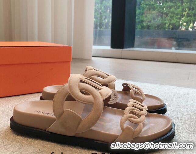 Top Grade Hermes Extra Chain Flat Slide Sandals in Suede Dark Beige 815029