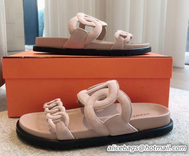 Best Price Hermes Extra Chain Flat Slide Sandals in Suede Pale Pink 815030