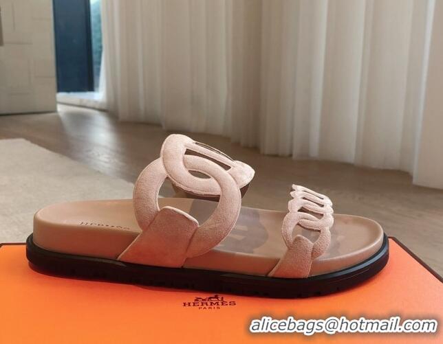 Best Price Hermes Extra Chain Flat Slide Sandals in Suede Pale Pink 815030