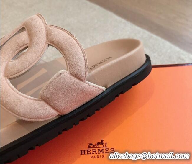 Best Price Hermes Extra Chain Flat Slide Sandals in Suede Pale Pink 815030