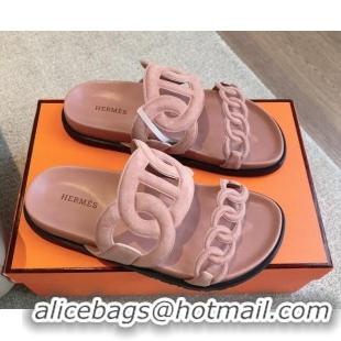 Unique Style Hermes Extra Chain Flat Slide Sandals in Suede Light Pink 815031