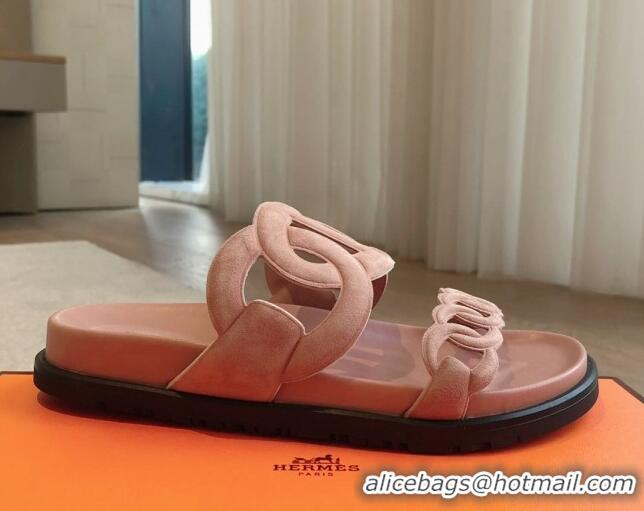 Unique Style Hermes Extra Chain Flat Slide Sandals in Suede Light Pink 815031