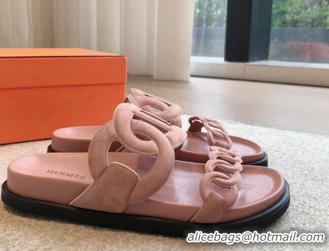 Unique Style Hermes Extra Chain Flat Slide Sandals in Suede Light Pink 815031