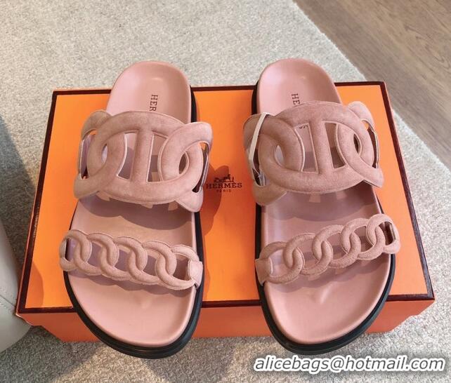 Unique Style Hermes Extra Chain Flat Slide Sandals in Suede Light Pink 815031