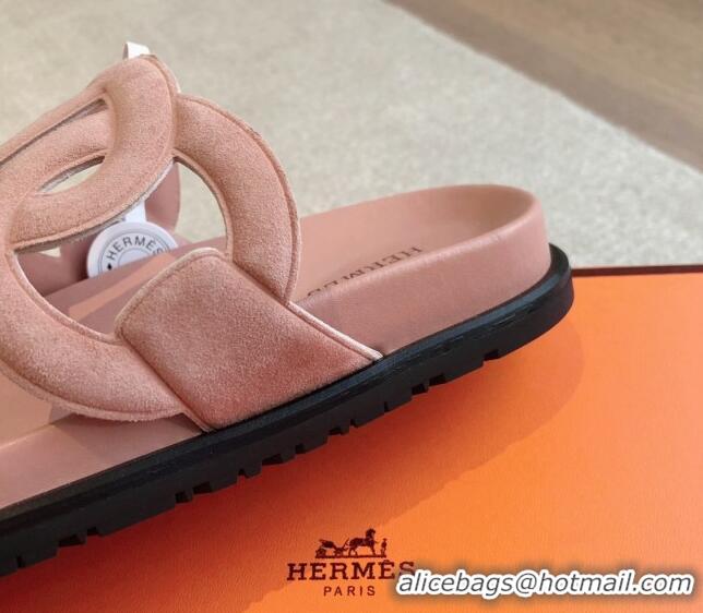 Unique Style Hermes Extra Chain Flat Slide Sandals in Suede Light Pink 815031