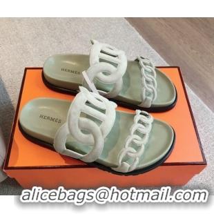 Good Looking Hermes Extra Chain Flat Slide Sandals in Suede Light Green 815032