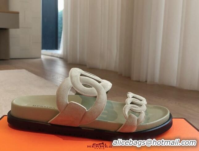 Good Looking Hermes Extra Chain Flat Slide Sandals in Suede Light Green 815032