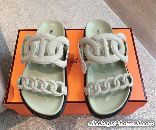 Good Looking Hermes Extra Chain Flat Slide Sandals in Suede Light Green 815032