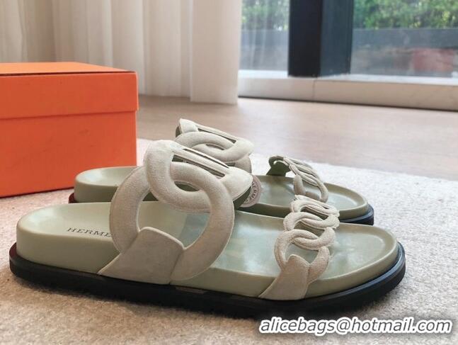 Good Looking Hermes Extra Chain Flat Slide Sandals in Suede Light Green 815032