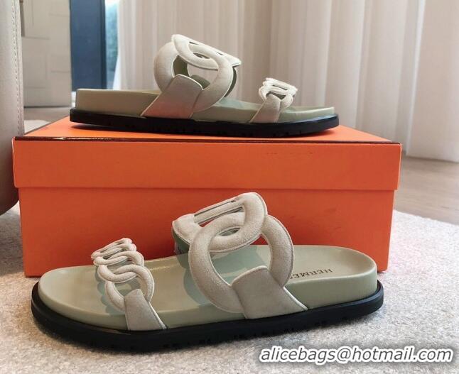 Good Looking Hermes Extra Chain Flat Slide Sandals in Suede Light Green 815032