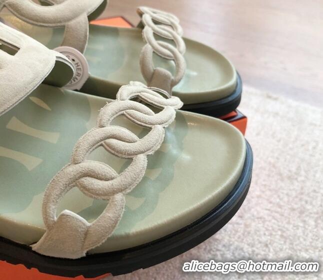 Good Looking Hermes Extra Chain Flat Slide Sandals in Suede Light Green 815032